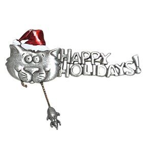 JJ Silver Tone "Happy Holidays" Cat Pin With Santa Hat & Mouse 3"